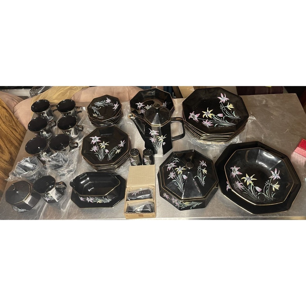 FULL SET 55-Piece Seizan Zen 7926 Black, Flowers China Set For Sitting - Seats 8